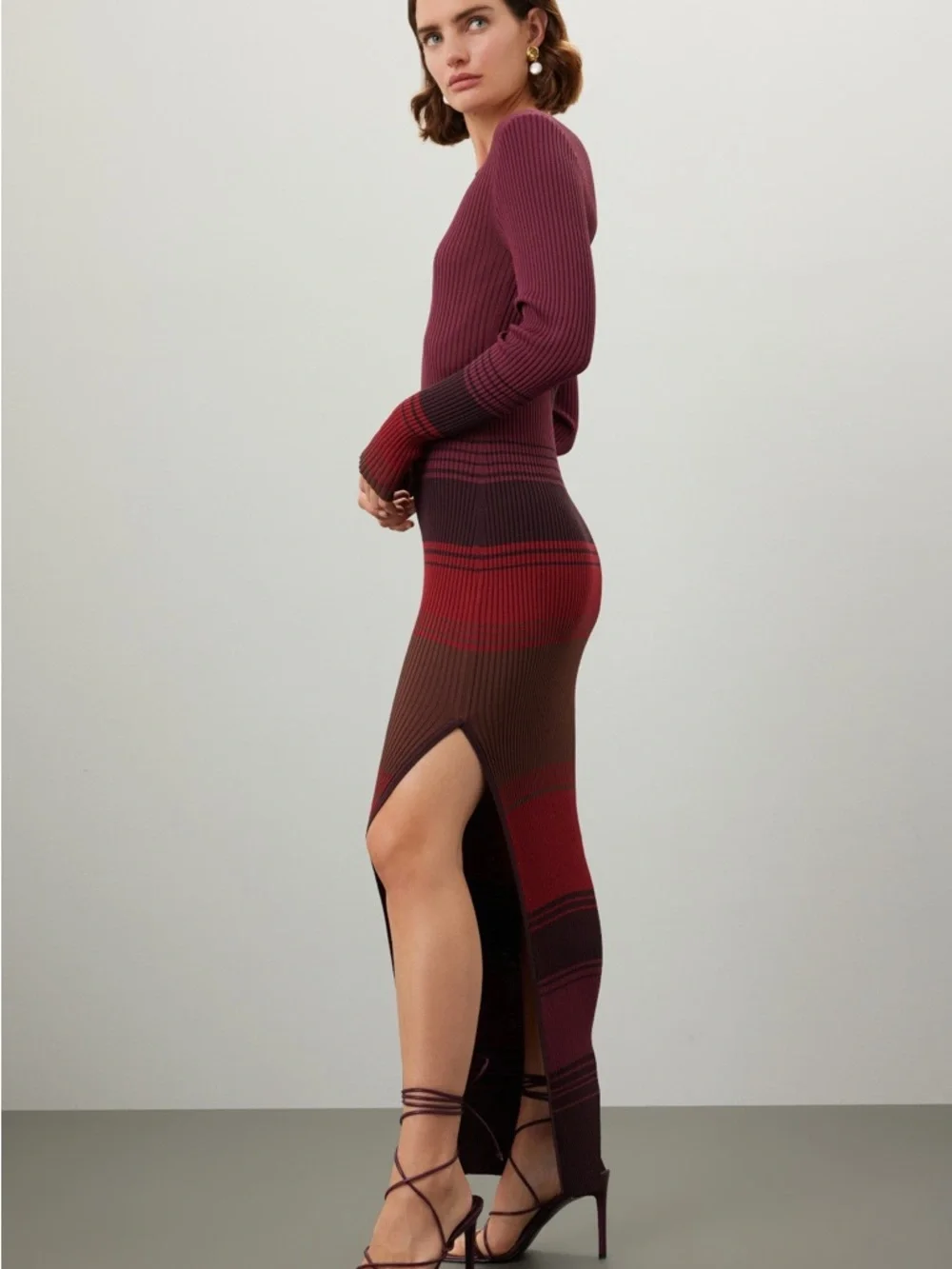 STAUD Maroon Ribbed Long Sleeve Gradient Dress with Red Accents - Picture 4 of 8